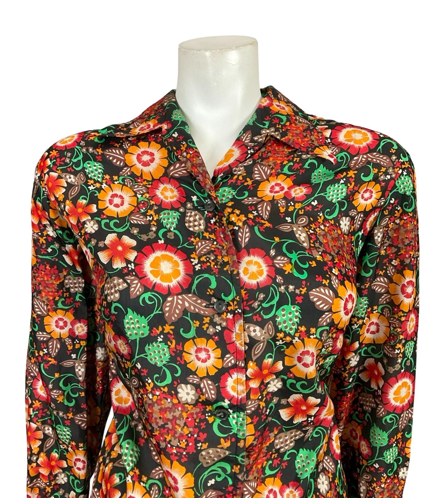VTG 60S 70S BLACK RED GREEN ORANGE FOLK FLORAL DOTTY DAGGER COLLAR SHIRT 18