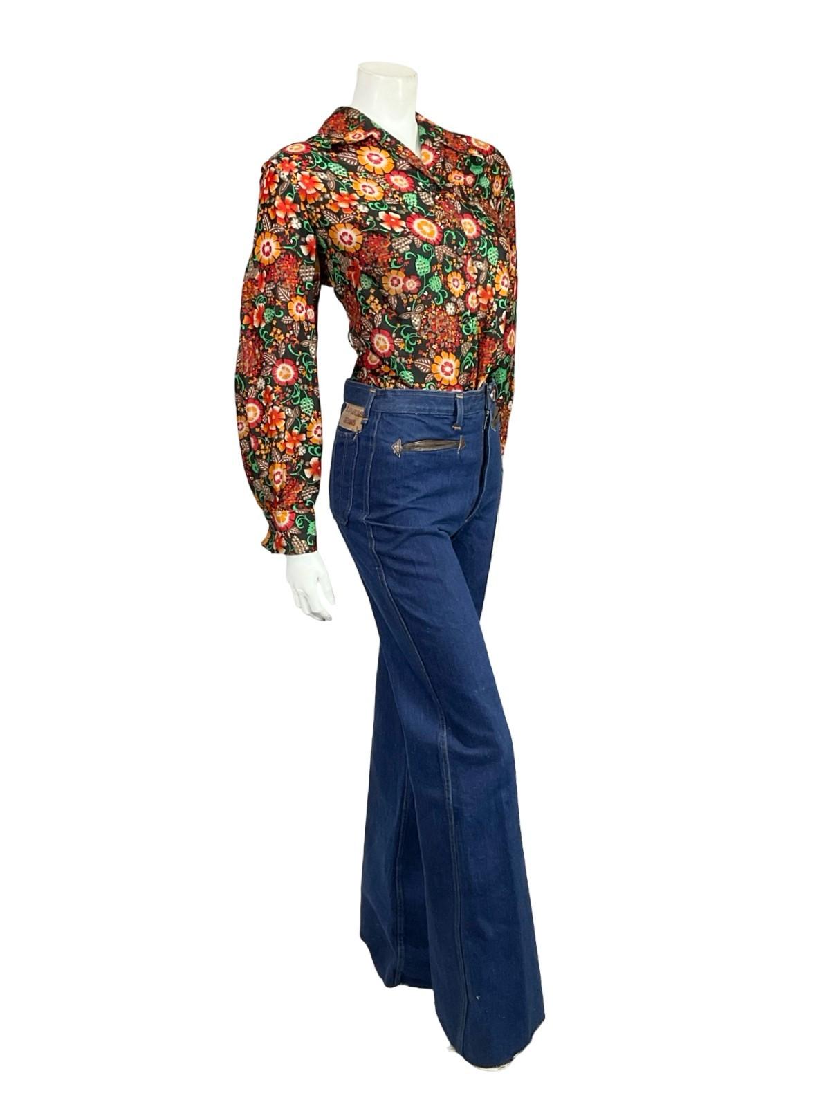 VTG 60S 70S BLACK RED GREEN ORANGE FOLK FLORAL DOTTY DAGGER COLLAR SHIRT 18