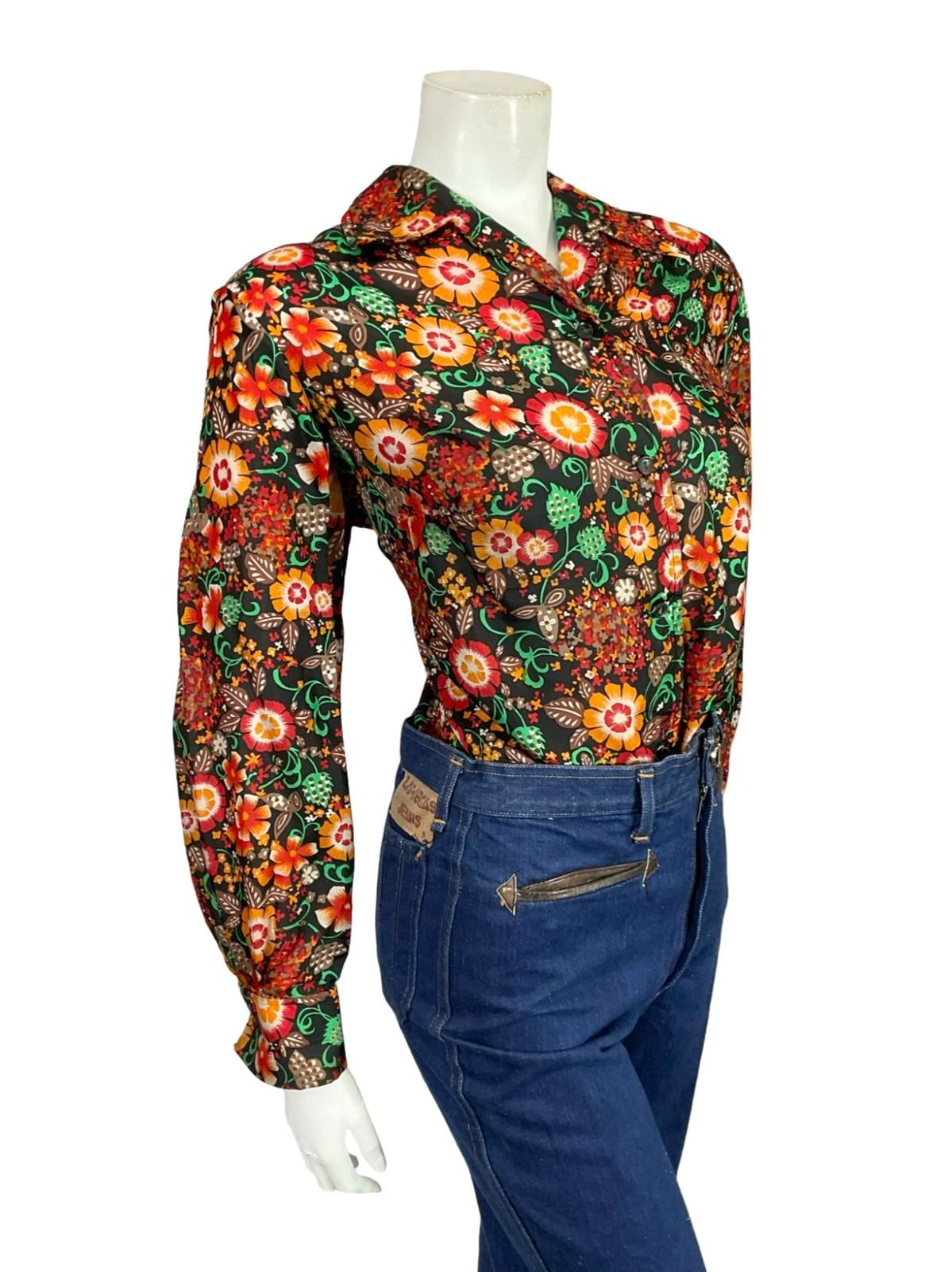 VTG 60S 70S BLACK RED GREEN ORANGE FOLK FLORAL DOTTY DAGGER COLLAR SHIRT 18