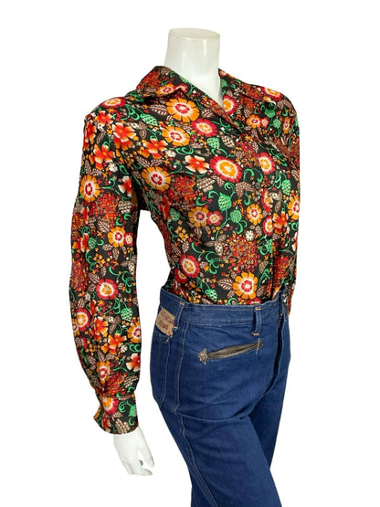 VTG 60S 70S BLACK RED GREEN ORANGE FOLK FLORAL DOTTY DAGGER COLLAR SHIRT 18