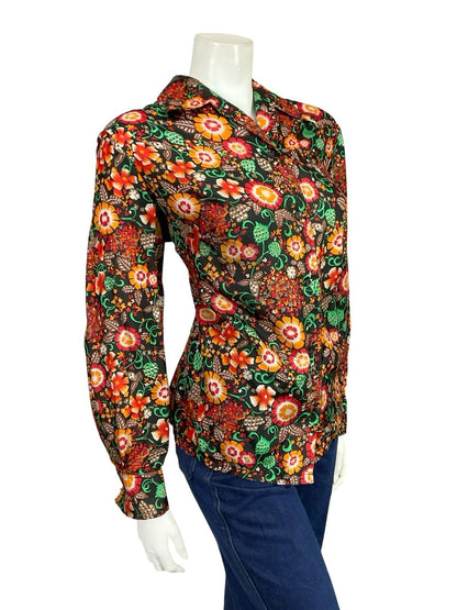 VTG 60S 70S BLACK RED GREEN ORANGE FOLK FLORAL DOTTY DAGGER COLLAR SHIRT 18
