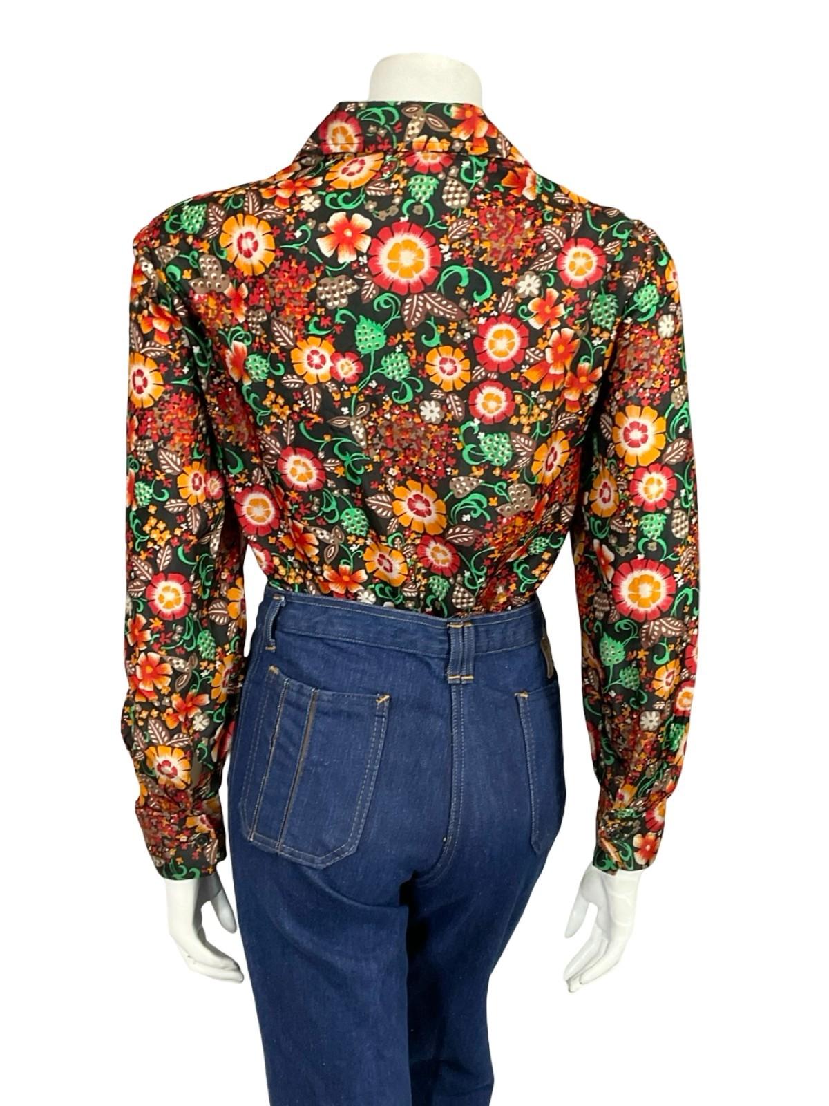 VTG 60S 70S BLACK RED GREEN ORANGE FOLK FLORAL DOTTY DAGGER COLLAR SHIRT 18