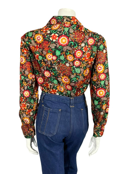 VTG 60S 70S BLACK RED GREEN ORANGE FOLK FLORAL DOTTY DAGGER COLLAR SHIRT 18