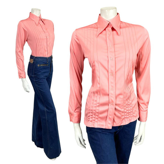 VTG 60S 70S TAIWANESE MOD DAGGER COLLAR PINK MONOCHROME SHIRT 8 10 S