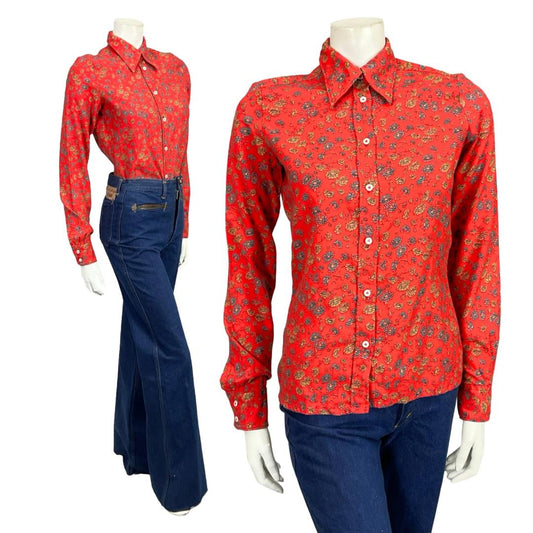 VTG 60S 70S RED BLUE YELLOW FLORAL MOD DAGGER COLLAR COTTON WOOL BLEND SHIRT 10