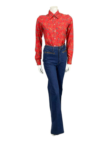 VTG 60S 70S RED BLUE YELLOW FLORAL MOD DAGGER COLLAR COTTON WOOL BLEND SHIRT 10