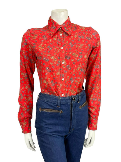 VTG 60S 70S RED BLUE YELLOW FLORAL MOD DAGGER COLLAR COTTON WOOL BLEND SHIRT 10