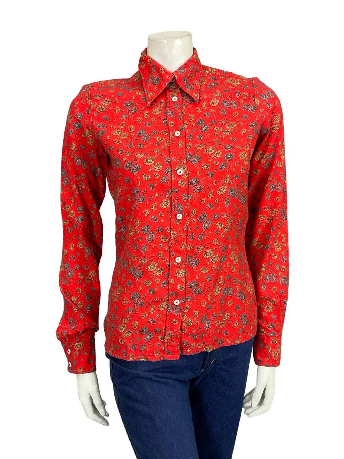 VTG 60S 70S RED BLUE YELLOW FLORAL MOD DAGGER COLLAR COTTON WOOL BLEND SHIRT 10