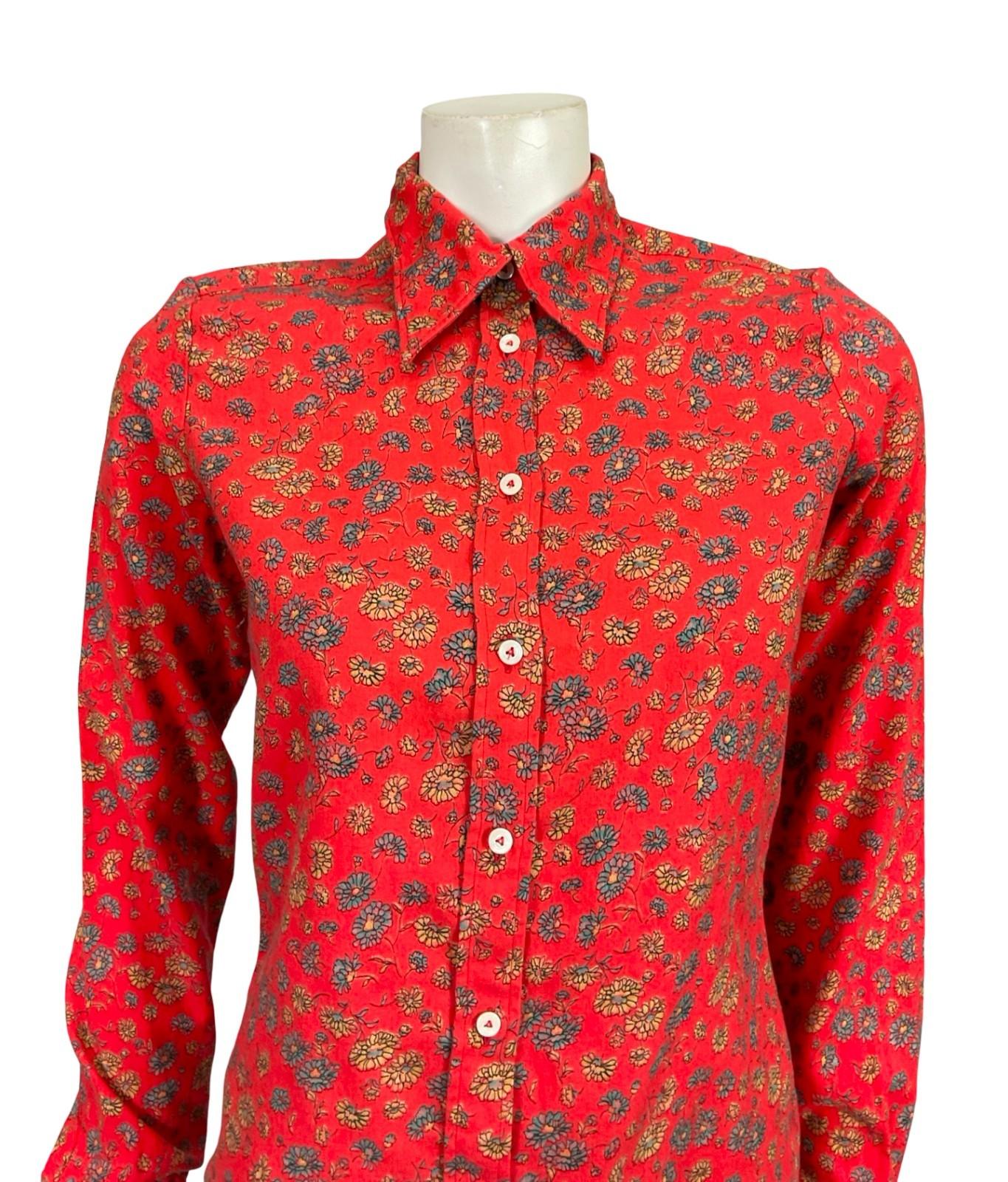 VTG 60S 70S RED BLUE YELLOW FLORAL MOD DAGGER COLLAR COTTON WOOL BLEND SHIRT 10