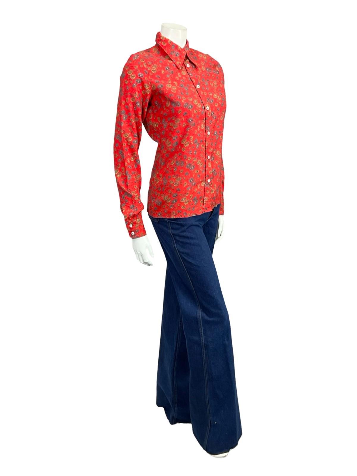 VTG 60S 70S RED BLUE YELLOW FLORAL MOD DAGGER COLLAR COTTON WOOL BLEND SHIRT 10