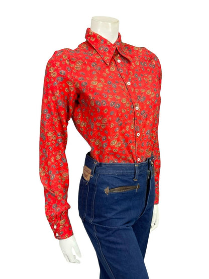 VTG 60S 70S RED BLUE YELLOW FLORAL MOD DAGGER COLLAR COTTON WOOL BLEND SHIRT 10
