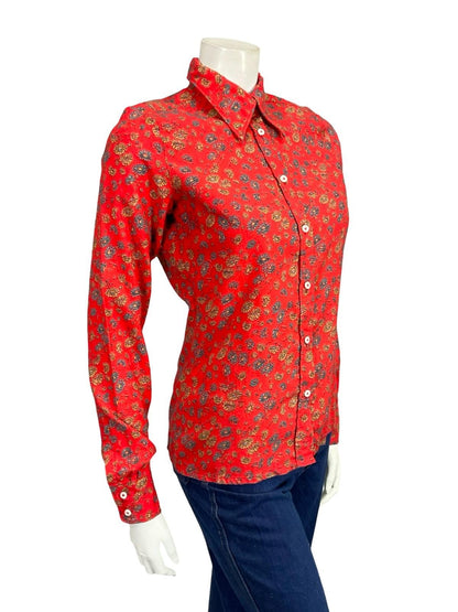 VTG 60S 70S RED BLUE YELLOW FLORAL MOD DAGGER COLLAR COTTON WOOL BLEND SHIRT 10