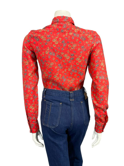 VTG 60S 70S RED BLUE YELLOW FLORAL MOD DAGGER COLLAR COTTON WOOL BLEND SHIRT 10