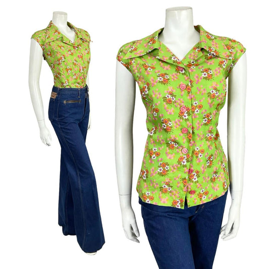 VTG 60S 70S GREEN PINK PURPLE ORANGE WHITE FLORAL GEOMETRIC DAGGER SHIRT 18 20