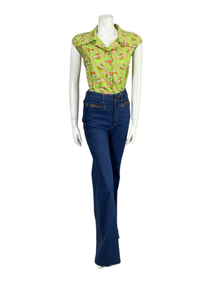 VTG 60S 70S GREEN PINK PURPLE ORANGE WHITE FLORAL GEOMETRIC DAGGER SHIRT 18 20