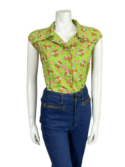 VTG 60S 70S GREEN PINK PURPLE ORANGE WHITE FLORAL GEOMETRIC DAGGER SHIRT 18 20