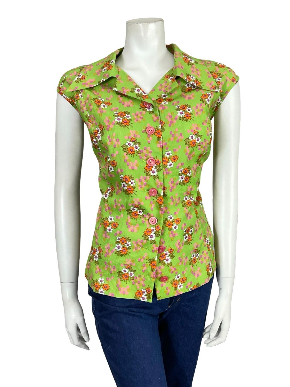 VTG 60S 70S GREEN PINK PURPLE ORANGE WHITE FLORAL GEOMETRIC DAGGER SHIRT 18 20