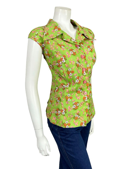 VTG 60S 70S GREEN PINK PURPLE ORANGE WHITE FLORAL GEOMETRIC DAGGER SHIRT 18 20