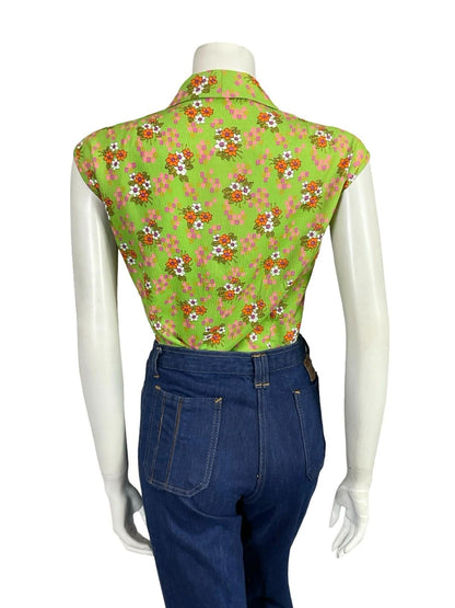 VTG 60S 70S GREEN PINK PURPLE ORANGE WHITE FLORAL GEOMETRIC DAGGER SHIRT 18 20