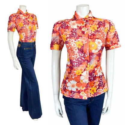 VTG 60S 70S RED WHITE YELLOW PINK MOD PSYCHEDELIC FLORAL SHORT SLEEVE SHIRT 12
