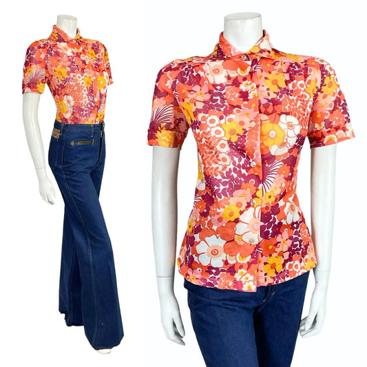 VTG 60S 70S RED WHITE YELLOW PINK MOD PSYCHEDELIC FLORAL SHORT SLEEVE SHIRT 12