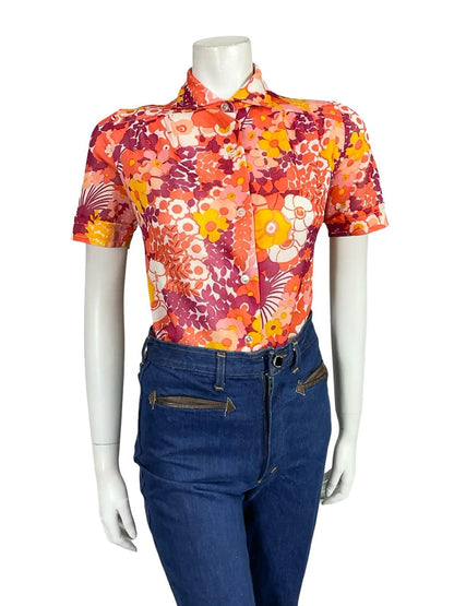 VTG 60S 70S RED WHITE YELLOW PINK MOD PSYCHEDELIC FLORAL SHORT SLEEVE SHIRT 12