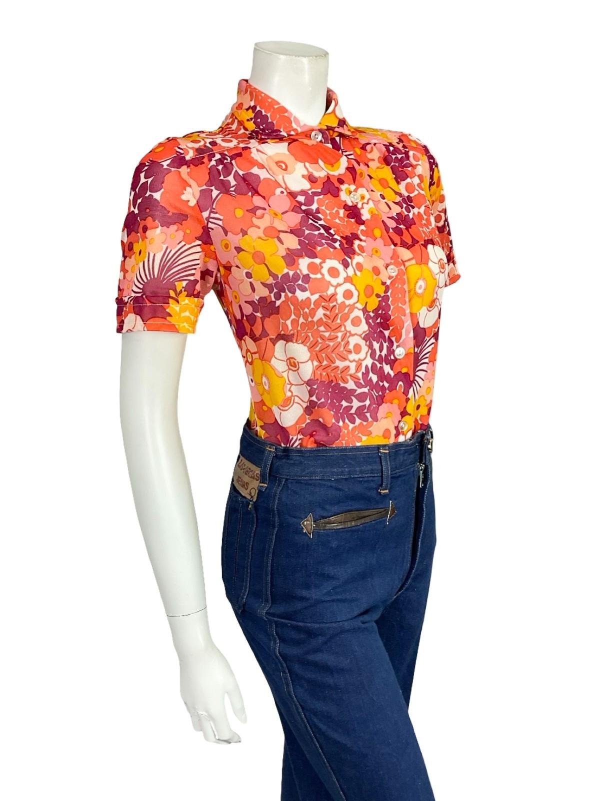 VTG 60S 70S RED WHITE YELLOW PINK MOD PSYCHEDELIC FLORAL SHORT SLEEVE SHIRT 12