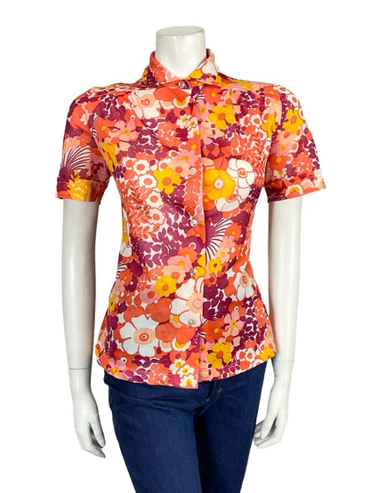 VTG 60S 70S RED WHITE YELLOW PINK MOD PSYCHEDELIC FLORAL SHORT SLEEVE SHIRT 12