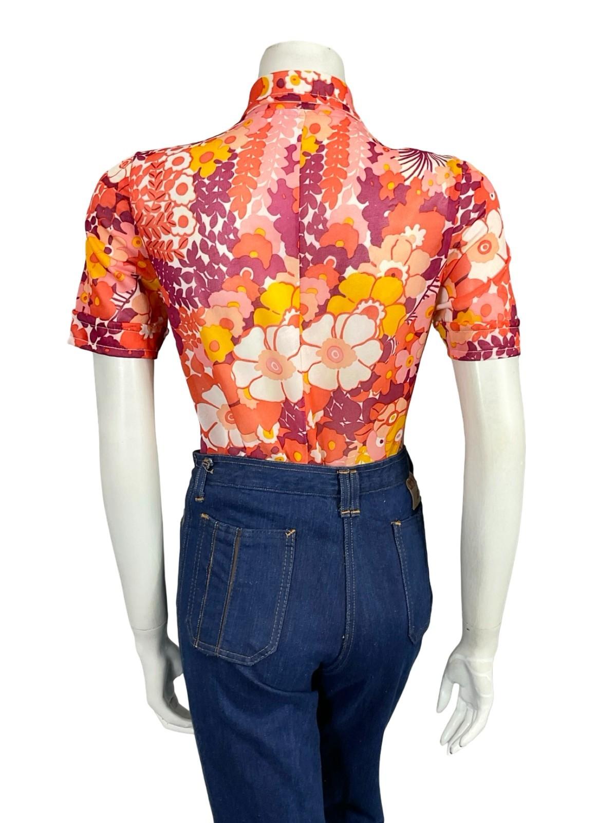 VTG 60S 70S RED WHITE YELLOW PINK MOD PSYCHEDELIC FLORAL SHORT SLEEVE SHIRT 12