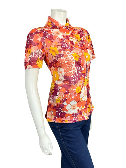 VTG 60S 70S RED WHITE YELLOW PINK MOD PSYCHEDELIC FLORAL SHORT SLEEVE SHIRT 12