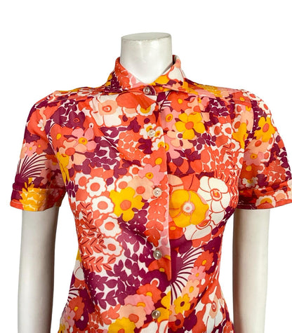 VTG 60S 70S RED WHITE YELLOW PINK MOD PSYCHEDELIC FLORAL SHORT SLEEVE SHIRT 12