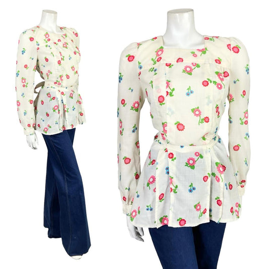 VTG 60S 70S CREAM PINK BLUE GREEN FLORAL MOD SQUARE NECK TIE WAIST BLOUSE 10