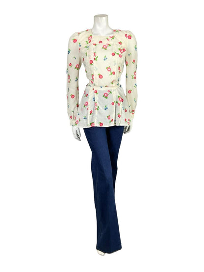 VTG 60S 70S CREAM PINK BLUE GREEN FLORAL MOD SQUARE NECK TIE WAIST BLOUSE 10