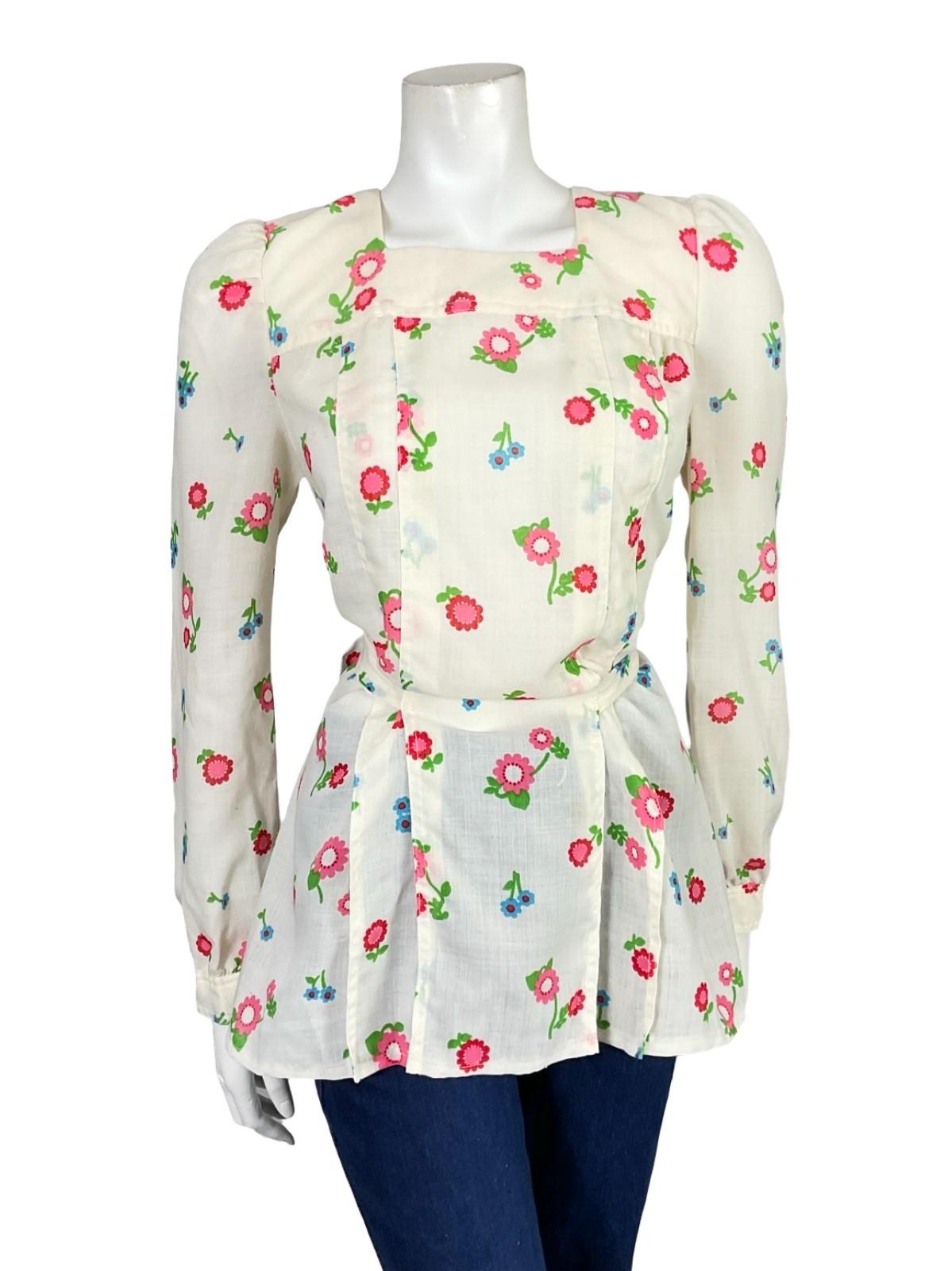 VTG 60S 70S CREAM PINK BLUE GREEN FLORAL MOD SQUARE NECK TIE WAIST BLOUSE 10