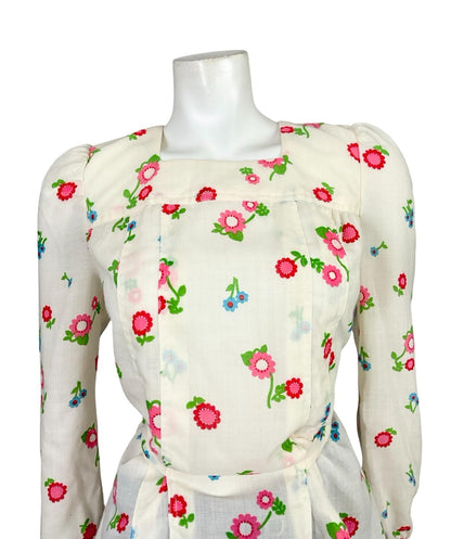 VTG 60S 70S CREAM PINK BLUE GREEN FLORAL MOD SQUARE NECK TIE WAIST BLOUSE 10