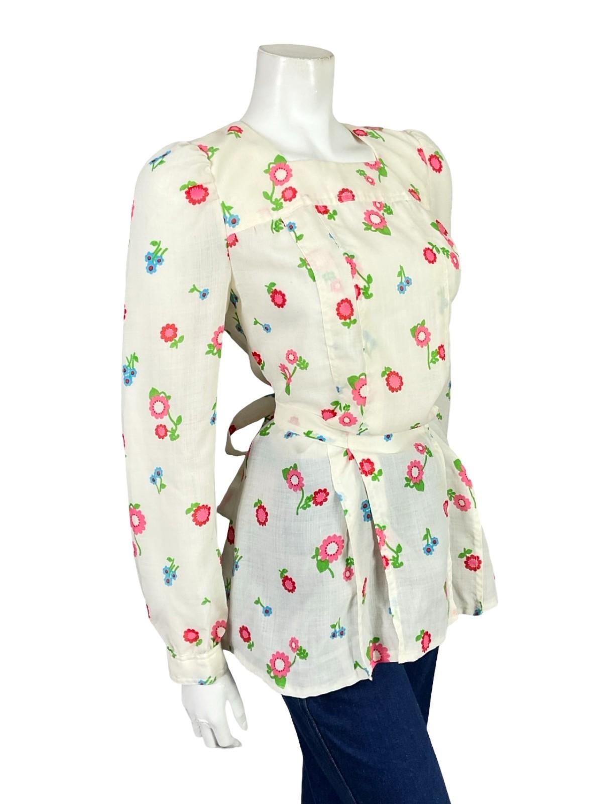 VTG 60S 70S CREAM PINK BLUE GREEN FLORAL MOD SQUARE NECK TIE WAIST BLOUSE 10