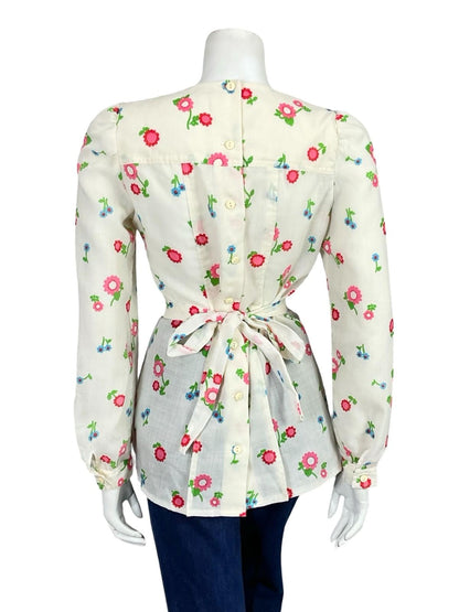 VTG 60S 70S CREAM PINK BLUE GREEN FLORAL MOD SQUARE NECK TIE WAIST BLOUSE 10