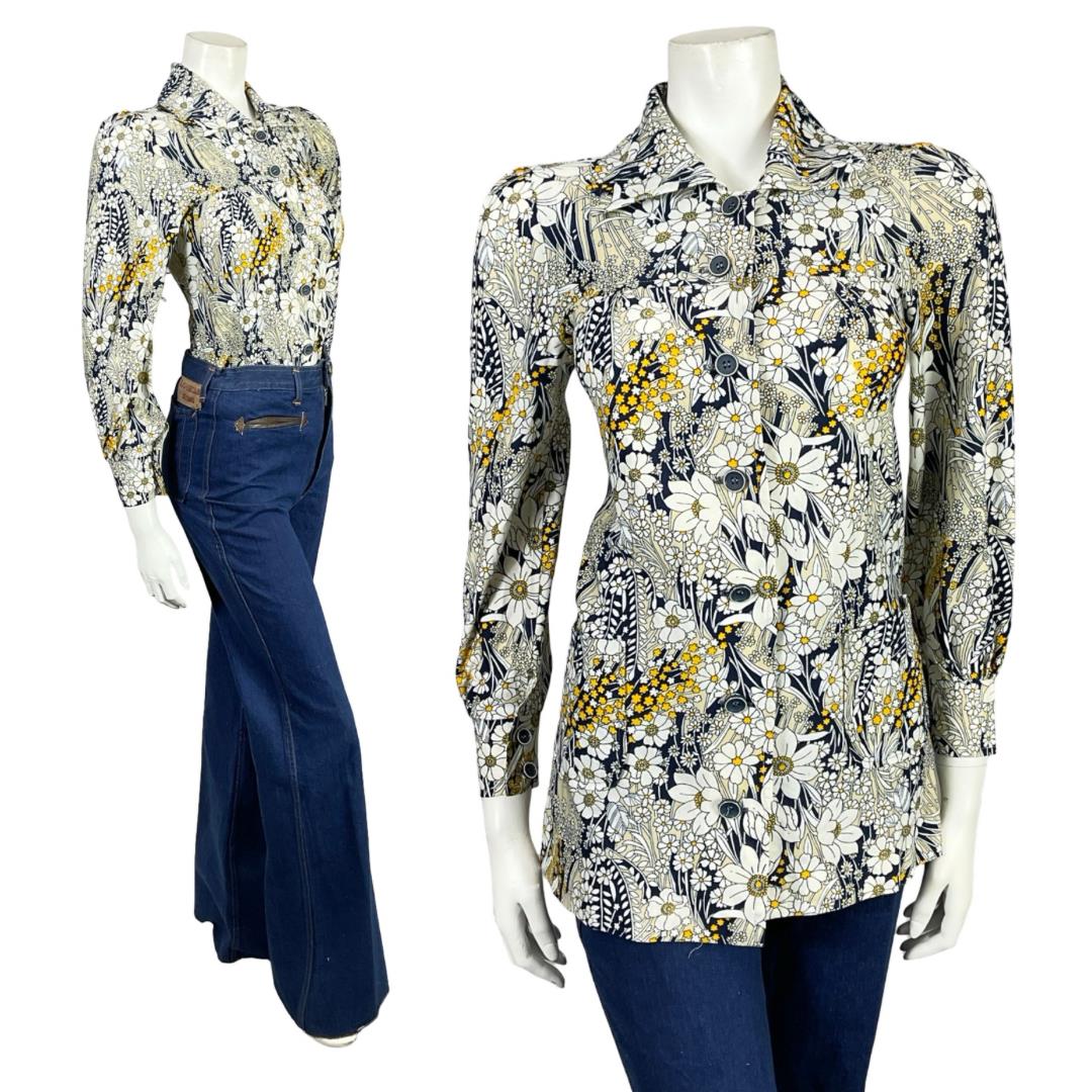 VTG 60S 70S WHITE CREAM YELLOW BEIGE BLUE MOD FLORAL TUNIC SHIRT 6 XS