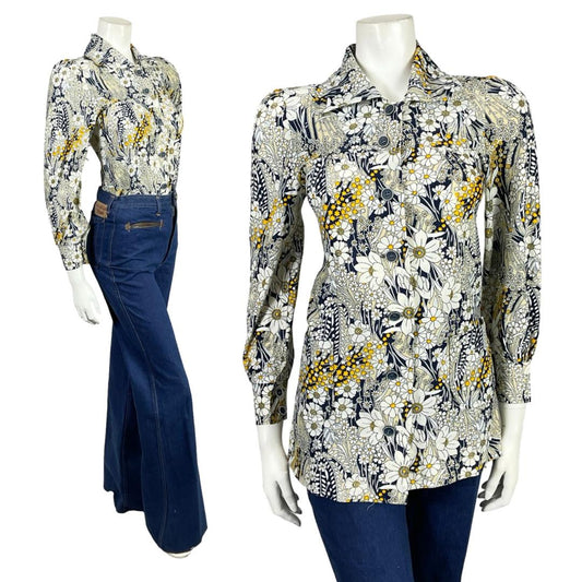 VTG 60S 70S WHITE CREAM YELLOW BEIGE BLUE MOD FLORAL TUNIC SHIRT 6 XS