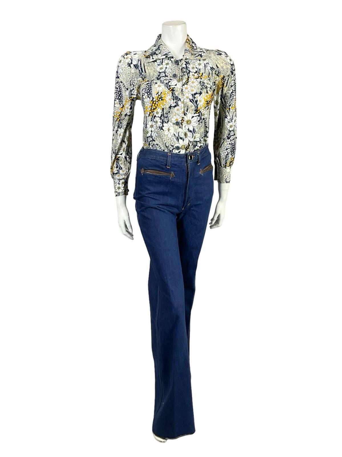 VTG 60S 70S WHITE CREAM YELLOW BEIGE BLUE MOD FLORAL TUNIC SHIRT 6 XS