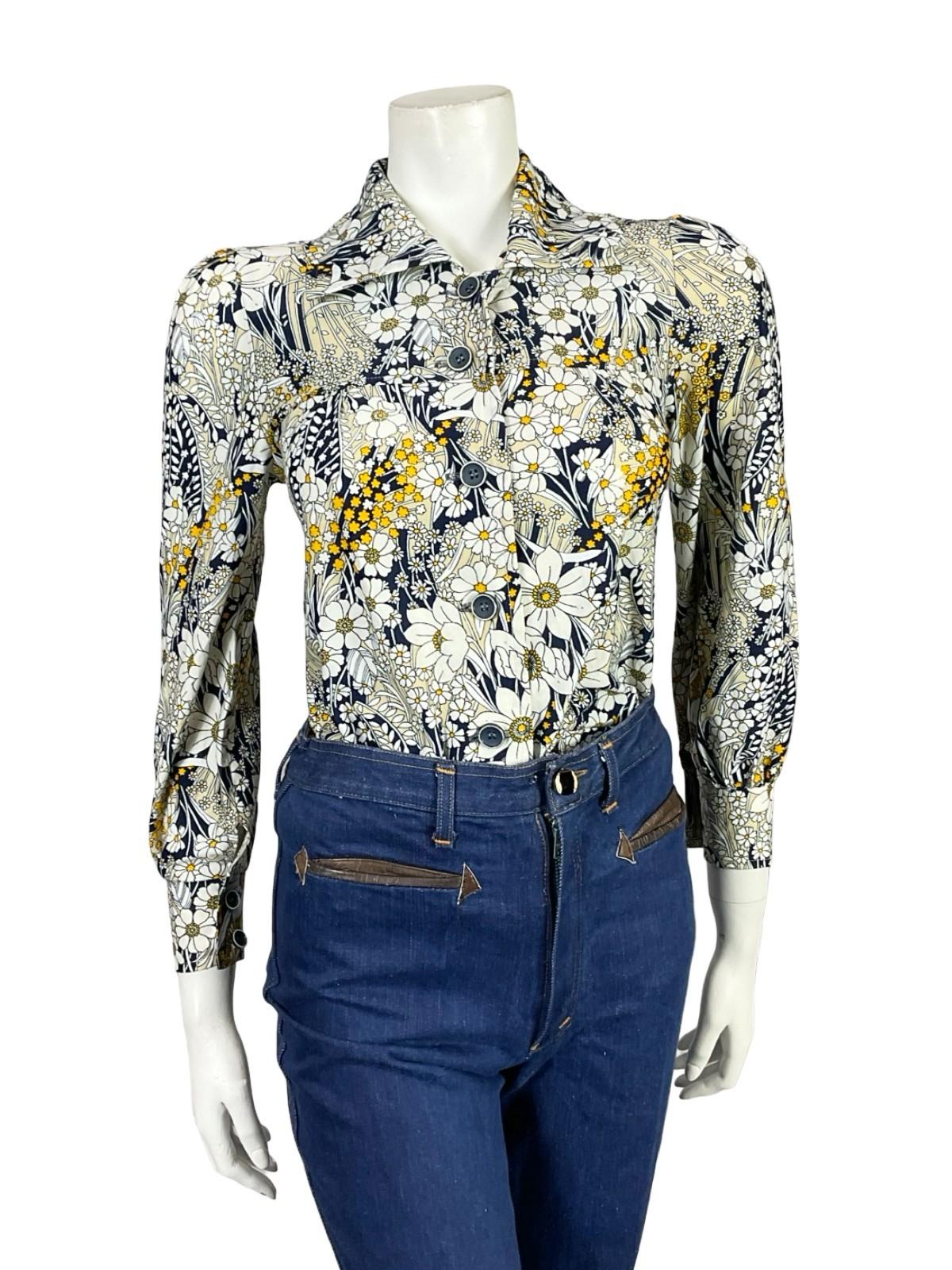 VTG 60S 70S WHITE CREAM YELLOW BEIGE BLUE MOD FLORAL TUNIC SHIRT 6 XS