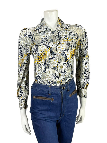 VTG 60S 70S WHITE CREAM YELLOW BEIGE BLUE MOD FLORAL TUNIC SHIRT 6 XS