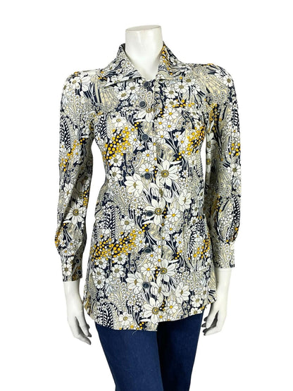 VTG 60S 70S WHITE CREAM YELLOW BEIGE BLUE MOD FLORAL TUNIC SHIRT 6 XS
