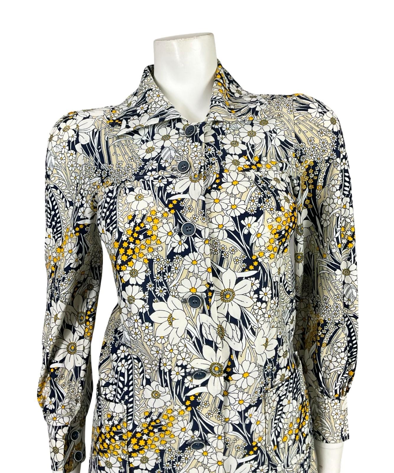 VTG 60S 70S WHITE CREAM YELLOW BEIGE BLUE MOD FLORAL TUNIC SHIRT 6 XS