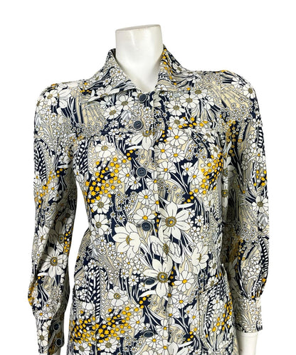 VTG 60S 70S WHITE CREAM YELLOW BEIGE BLUE MOD FLORAL TUNIC SHIRT 6 XS