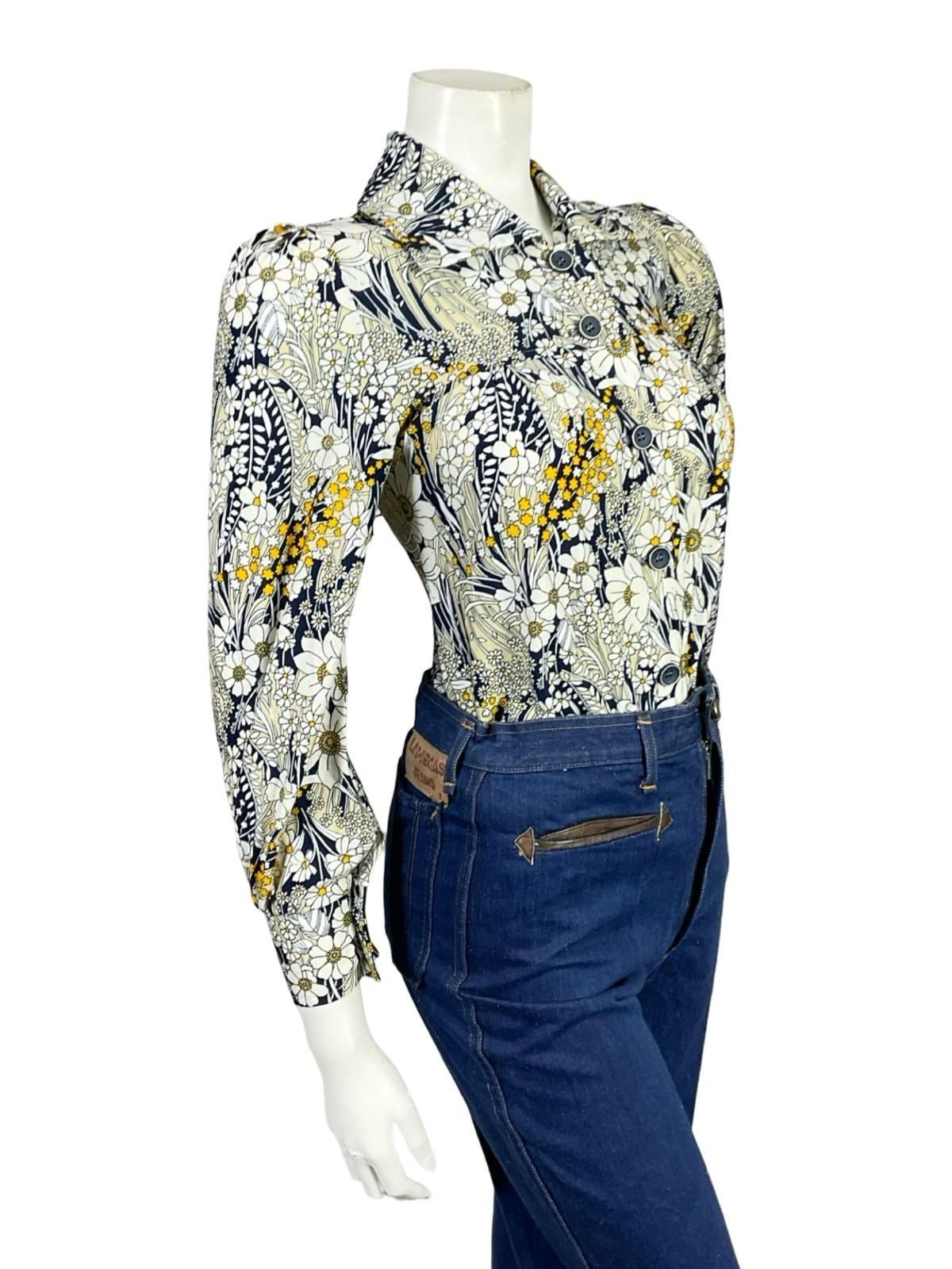 VTG 60S 70S WHITE CREAM YELLOW BEIGE BLUE MOD FLORAL TUNIC SHIRT 6 XS