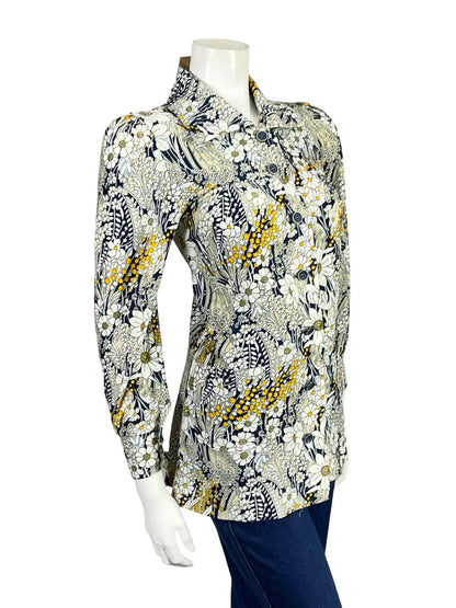 VTG 60S 70S WHITE CREAM YELLOW BEIGE BLUE MOD FLORAL TUNIC SHIRT 6 XS