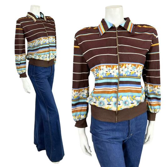 VTG 60S 70S BROWN WHITE BLUE YELLOW DAGGER FLORAL STRIPE ZIP UP SHIRT 16