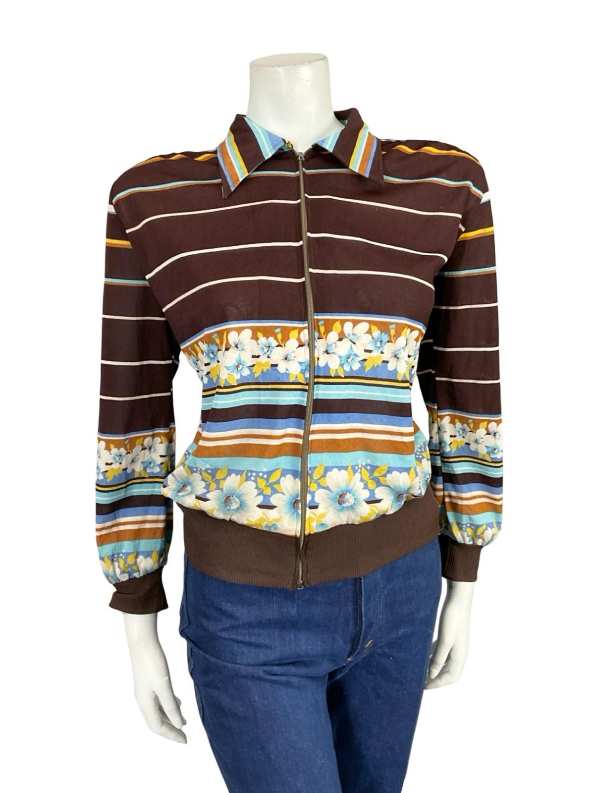 VTG 60S 70S BROWN WHITE BLUE YELLOW DAGGER FLORAL STRIPE ZIP UP SHIRT 16