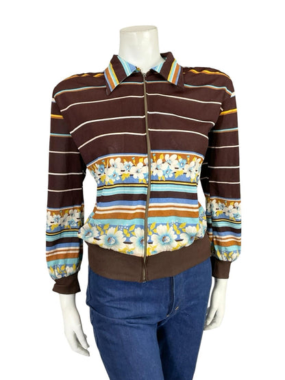 VTG 60S 70S BROWN WHITE BLUE YELLOW DAGGER FLORAL STRIPE ZIP UP SHIRT 16